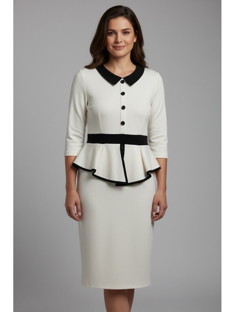 Homeyee Antique White 3/4 Sleeve Knit Dress Collar Peplum Size XL -NWT